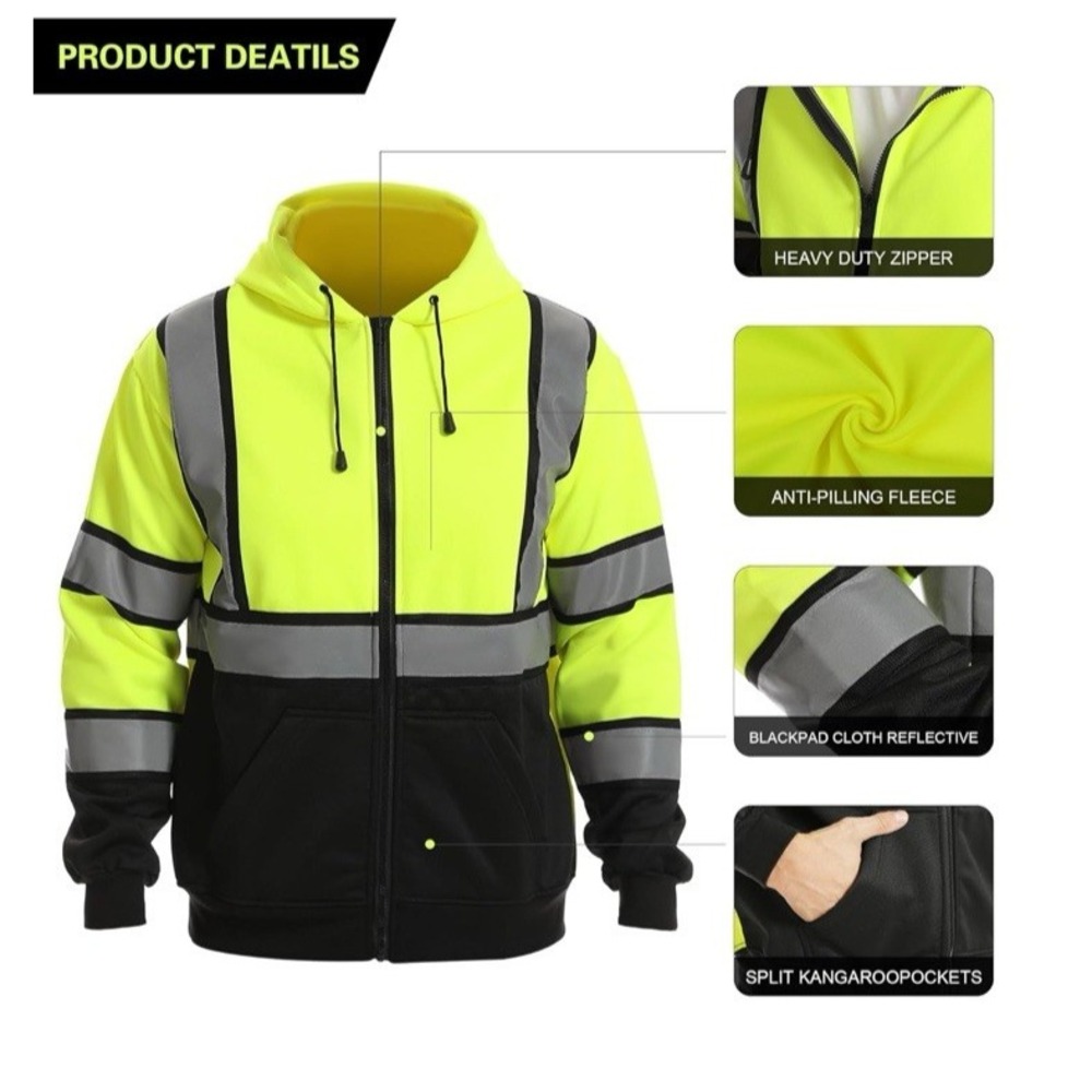 HIGH VISI CLASS 3 REFLECTIVE HOODED ZIP UP SAFETY FLEECE SWEATSHIRT HOODIE 4XL - Picture 4 of 8